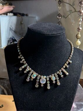 Vintage Gold Tone Aurora Borealis Rhinestone Necklace